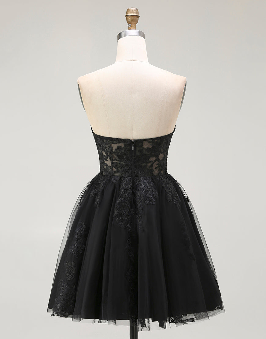 A-Line Black Appliqued Sweetheart Short Prom Dress