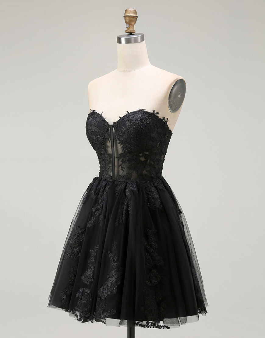 A-Line Black Appliqued Sweetheart Short Prom Dress