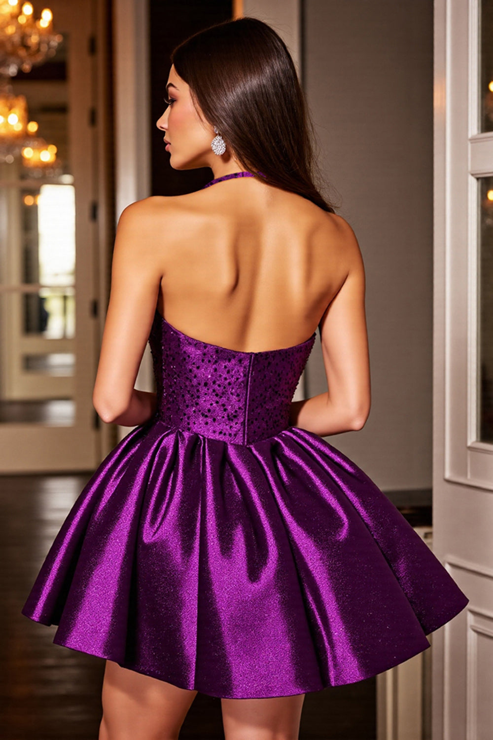 Halter Dark Purple A-Line Mini Cocktail Dress With Sequins