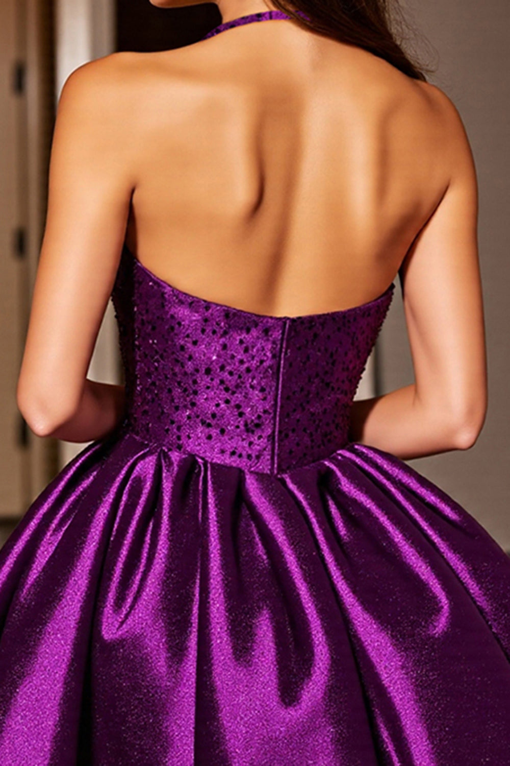 Halter Dark Purple A-Line Mini Cocktail Dress With Sequins