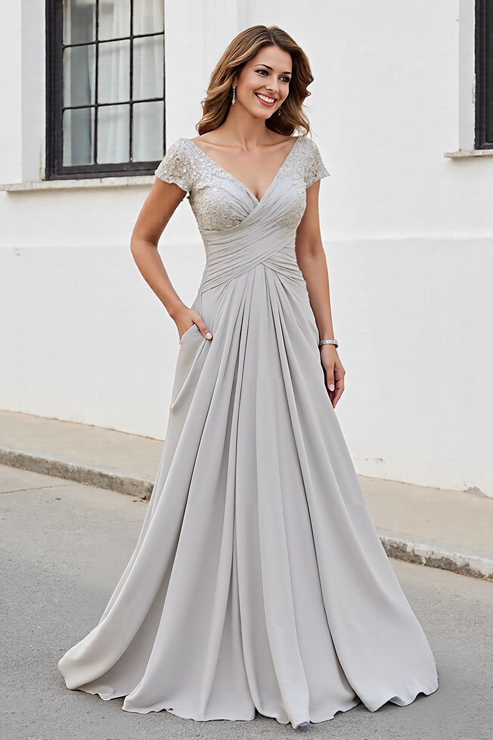 Robe de mère de la mariée coupe trapèze froncée, décolleté en V, couleur argent.