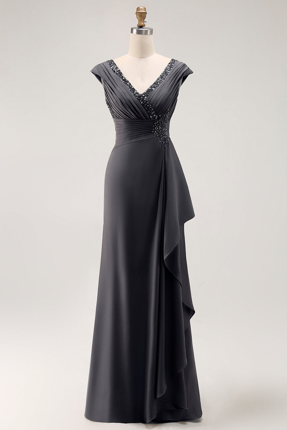 Robe longue sirène en mousseline de soie gris acier avec volants pour la mère de la mariée