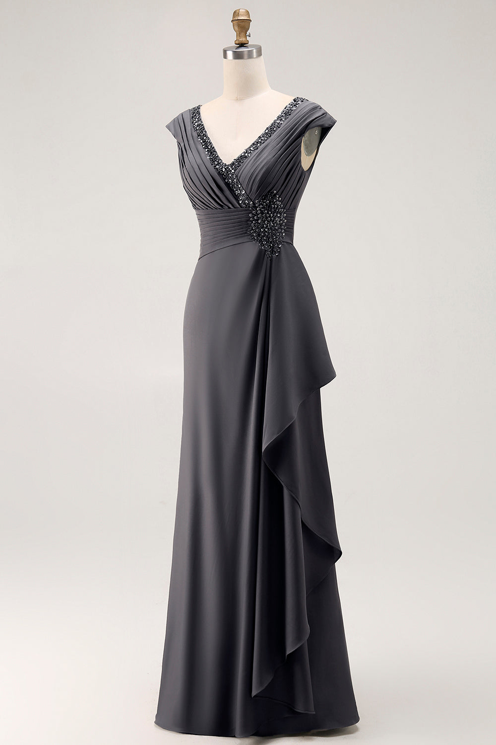 Robe longue sirène en mousseline de soie gris acier avec volants pour la mère de la mariée