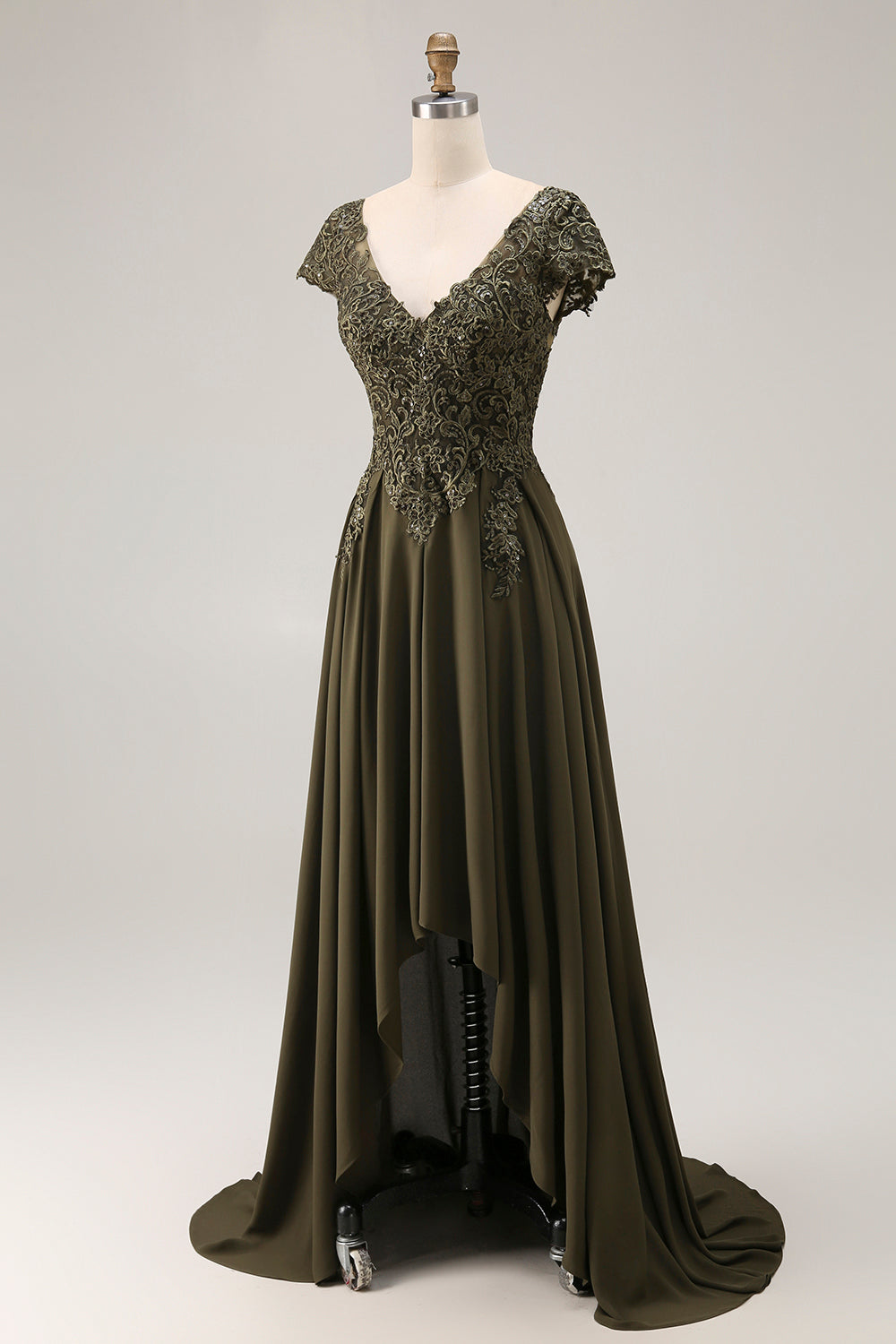 Olive Satin Asymmetrical High Low Mother of the Bride Dress