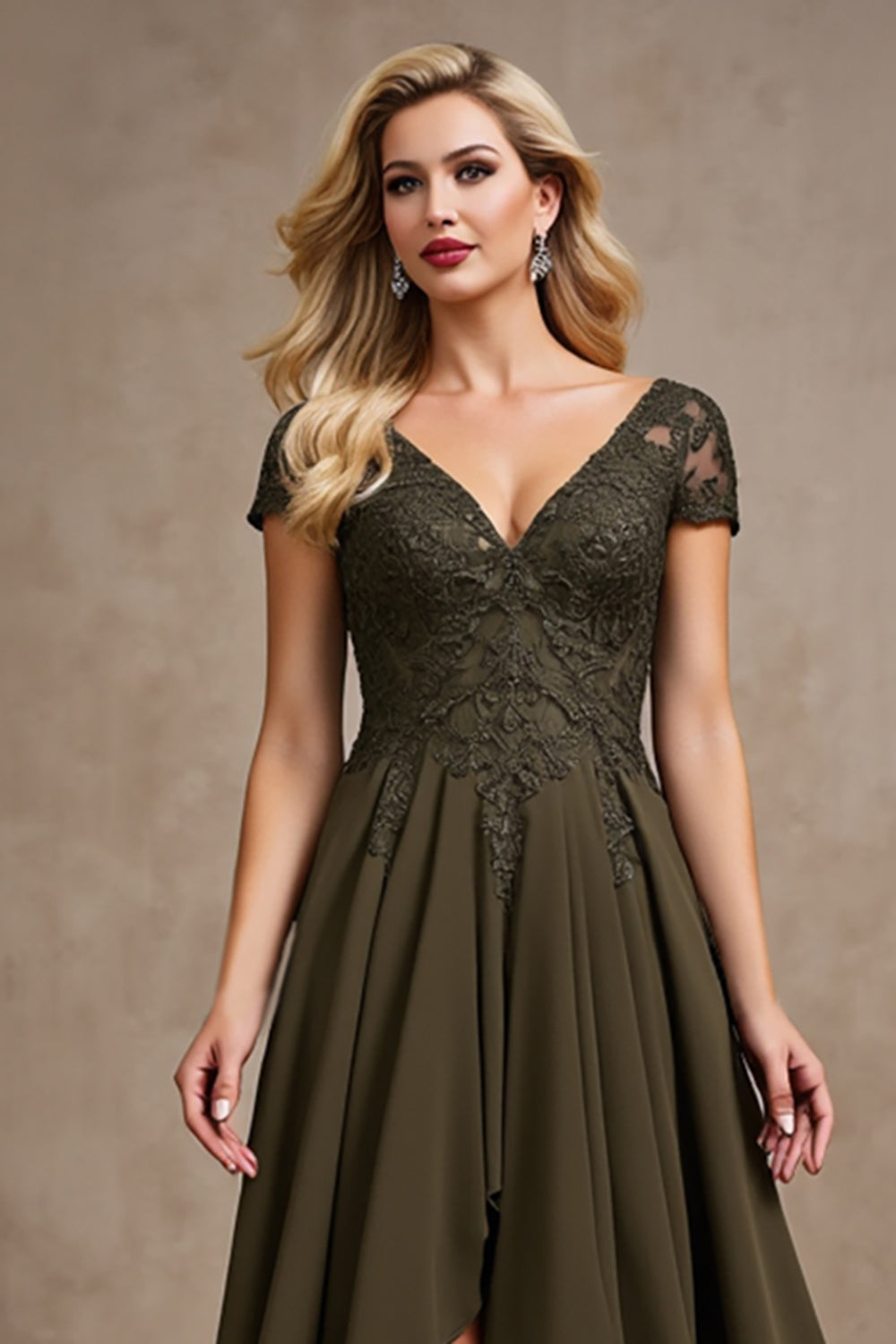 Olive Satin Asymmetrical High Low Mother of the Bride Dress