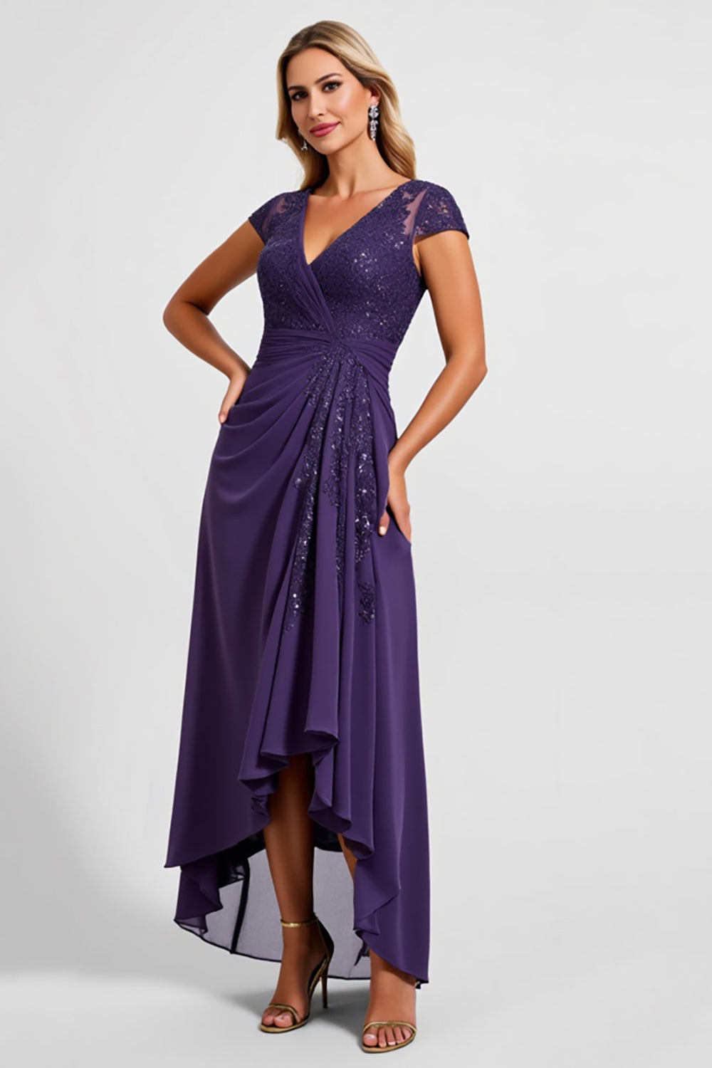 Sparkly Purple Chiffon Long Mother of the Bride Dress with Lace