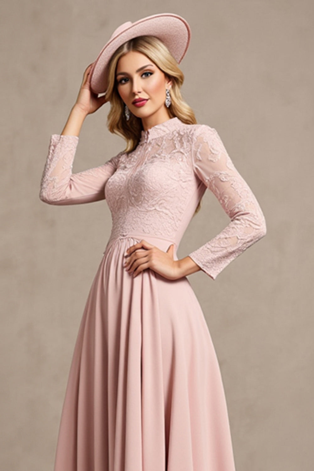 Robe fuchsia à manches longues et col montant avec appliqués pour mère de la mariée