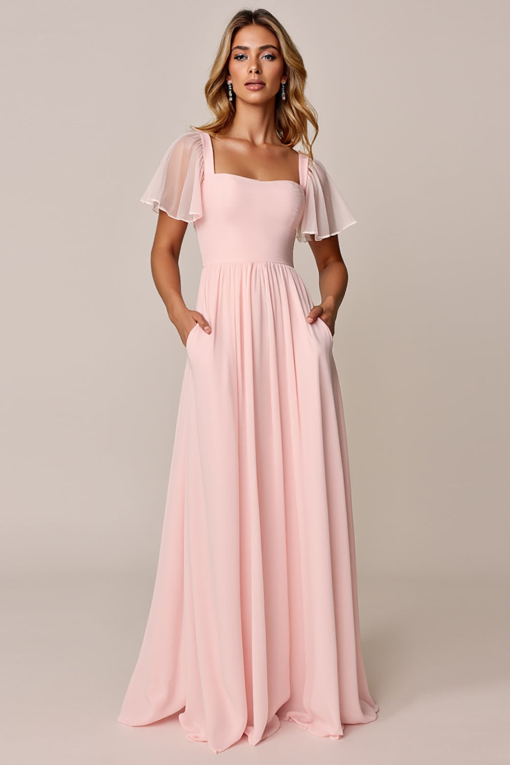Robe de demoiselle d'honneur en mousseline rose bonbon coupe trapèze col carré
