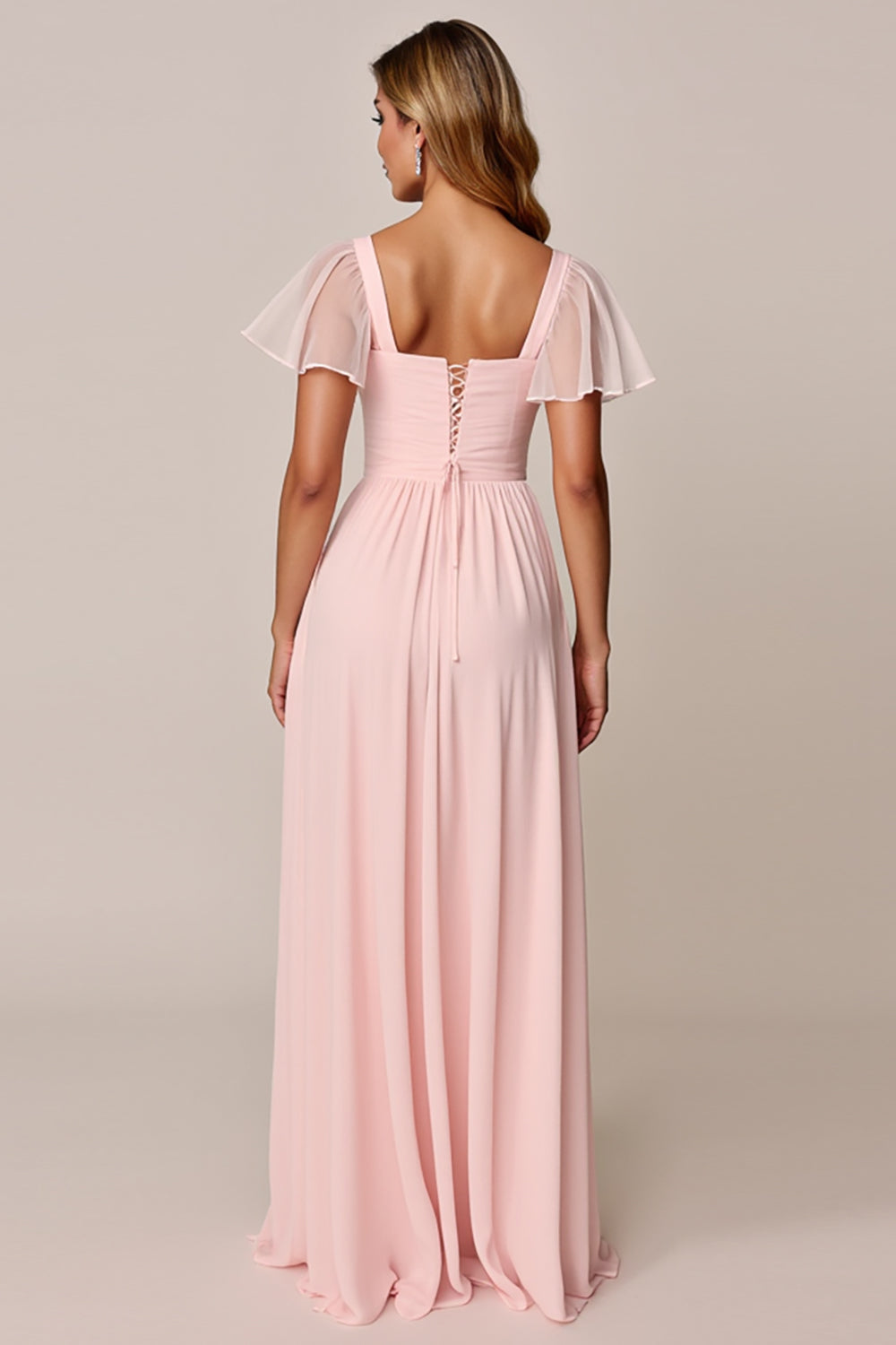 Robe de demoiselle d'honneur en mousseline rose bonbon coupe trapèze col carré