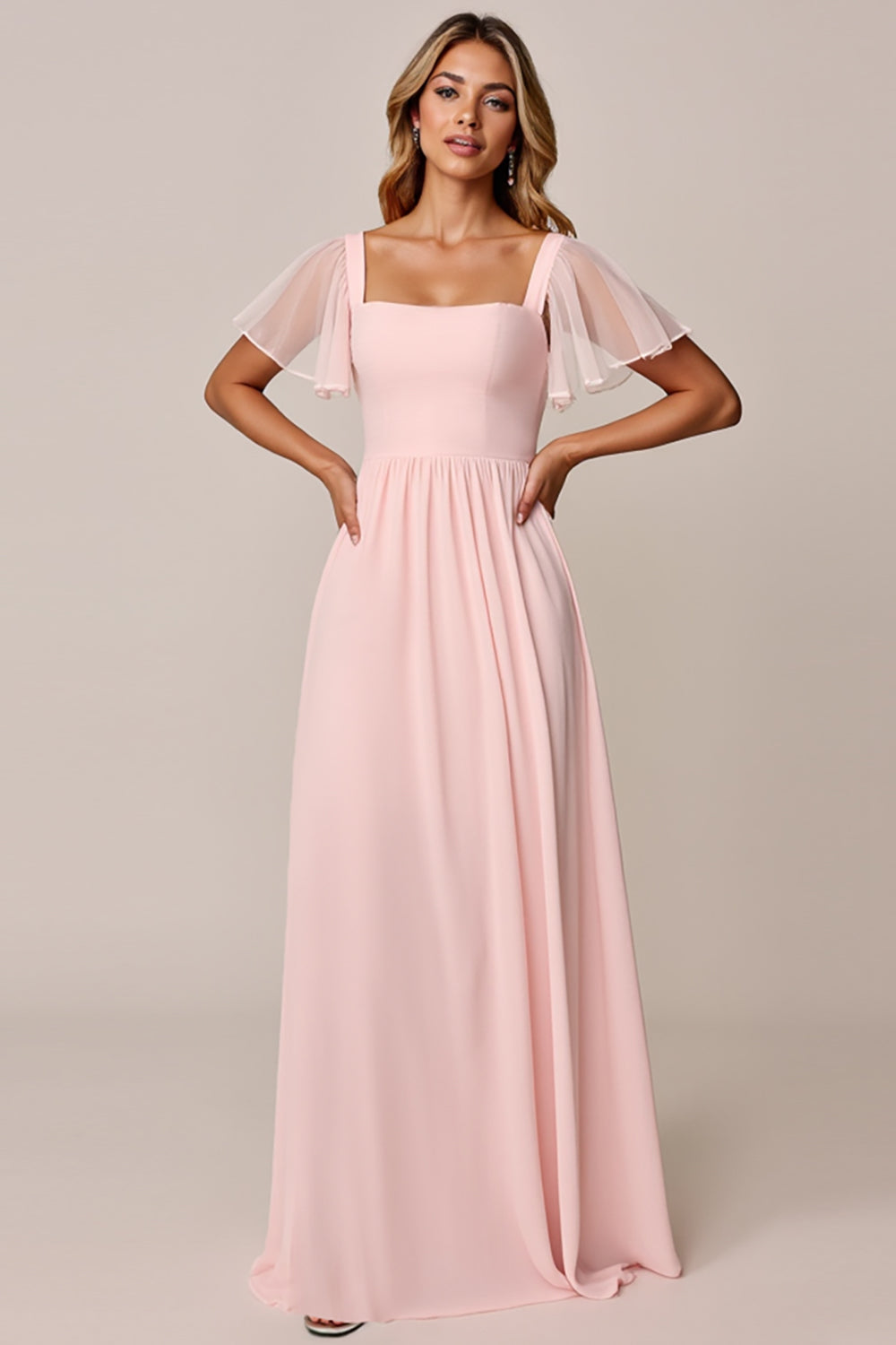 Robe de demoiselle d'honneur en mousseline rose bonbon coupe trapèze col carré