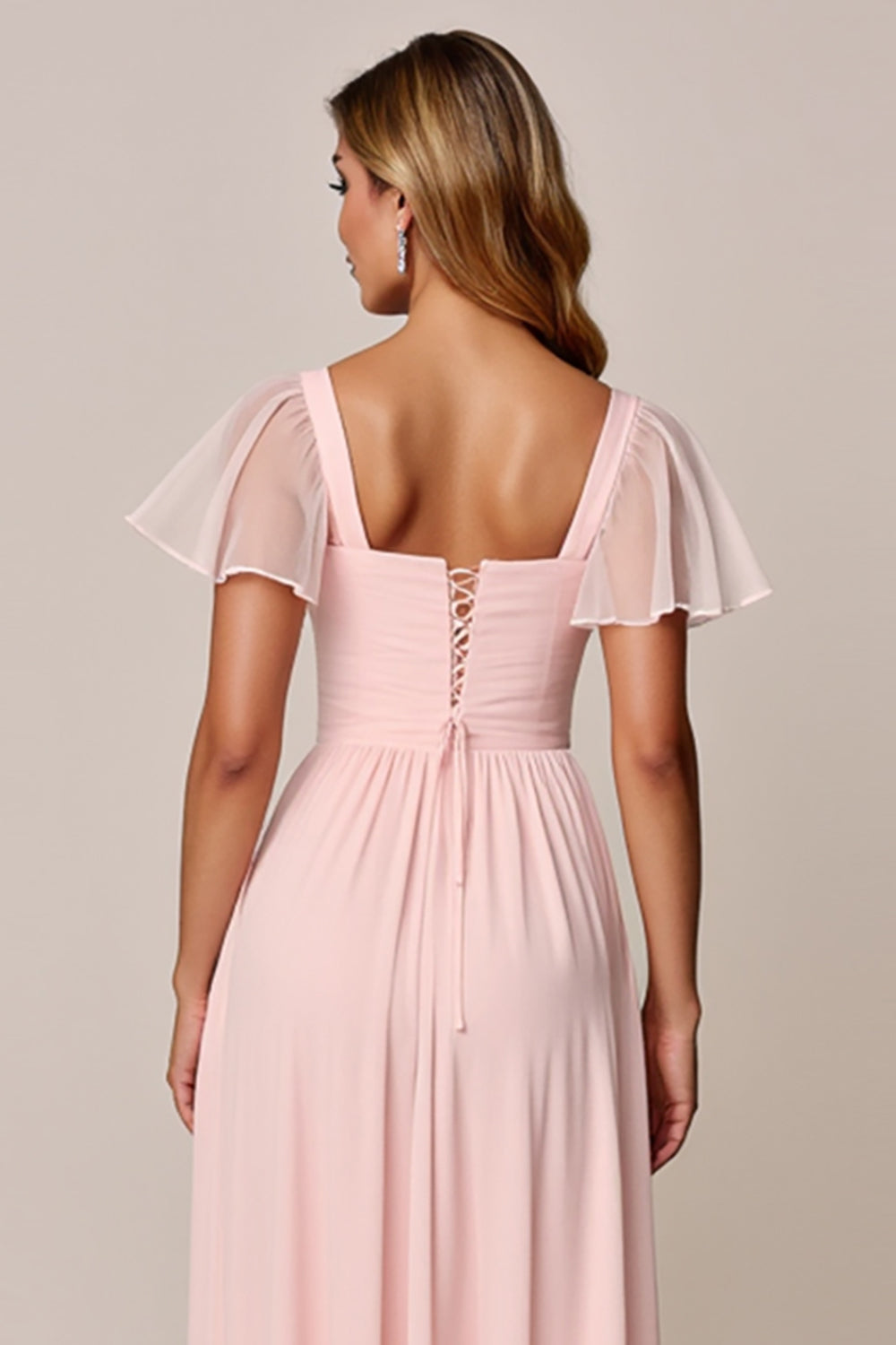 Robe de demoiselle d'honneur en mousseline rose bonbon coupe trapèze col carré