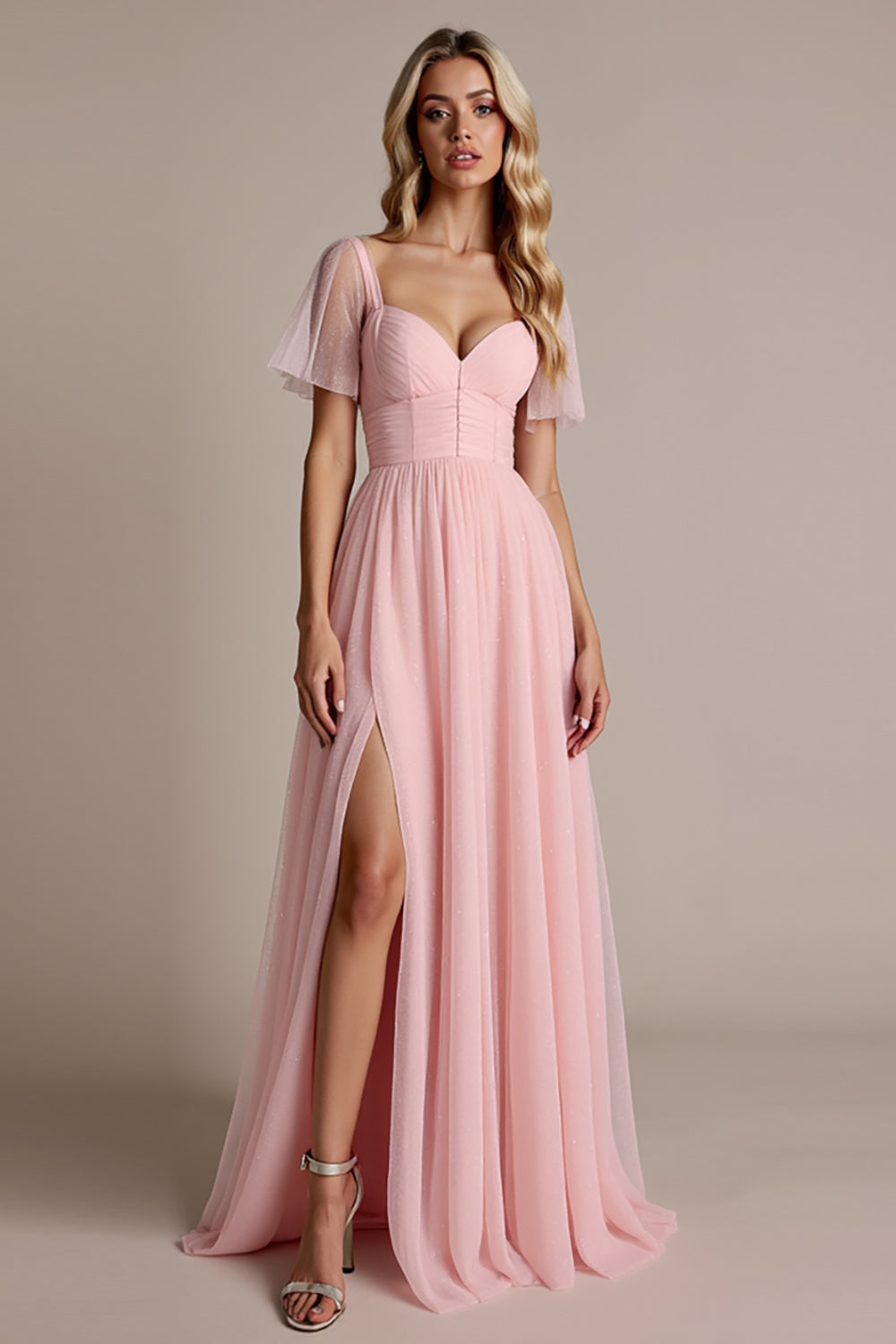 Candy Pink A-Line Bridesmaid Dress with Short Sleeves