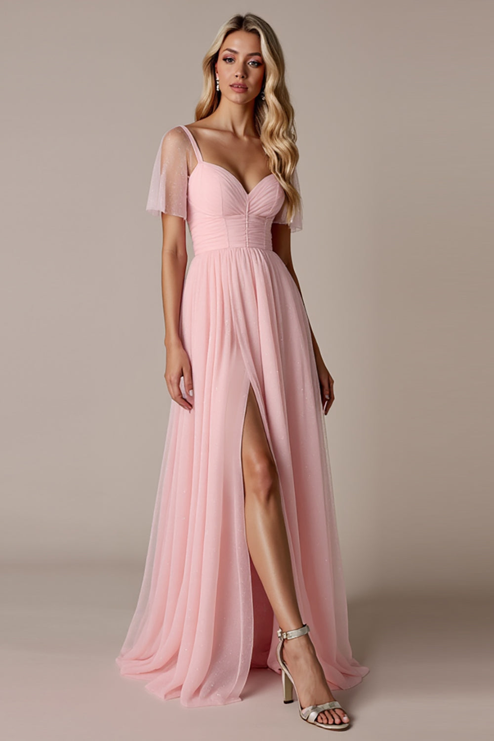 Candy Pink A-Line Bridesmaid Dress with Short Sleeves
