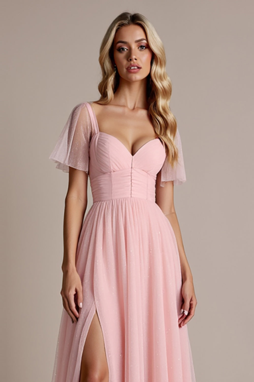 Candy Pink A-Line Bridesmaid Dress with Short Sleeves