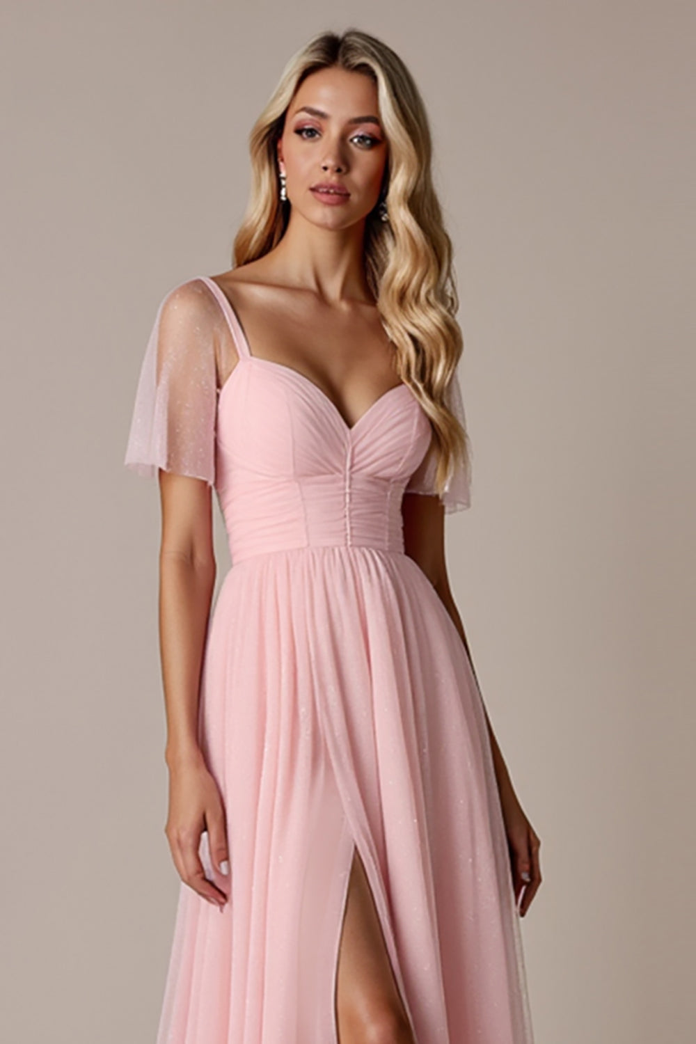 Candy Pink A-Line Bridesmaid Dress with Short Sleeves