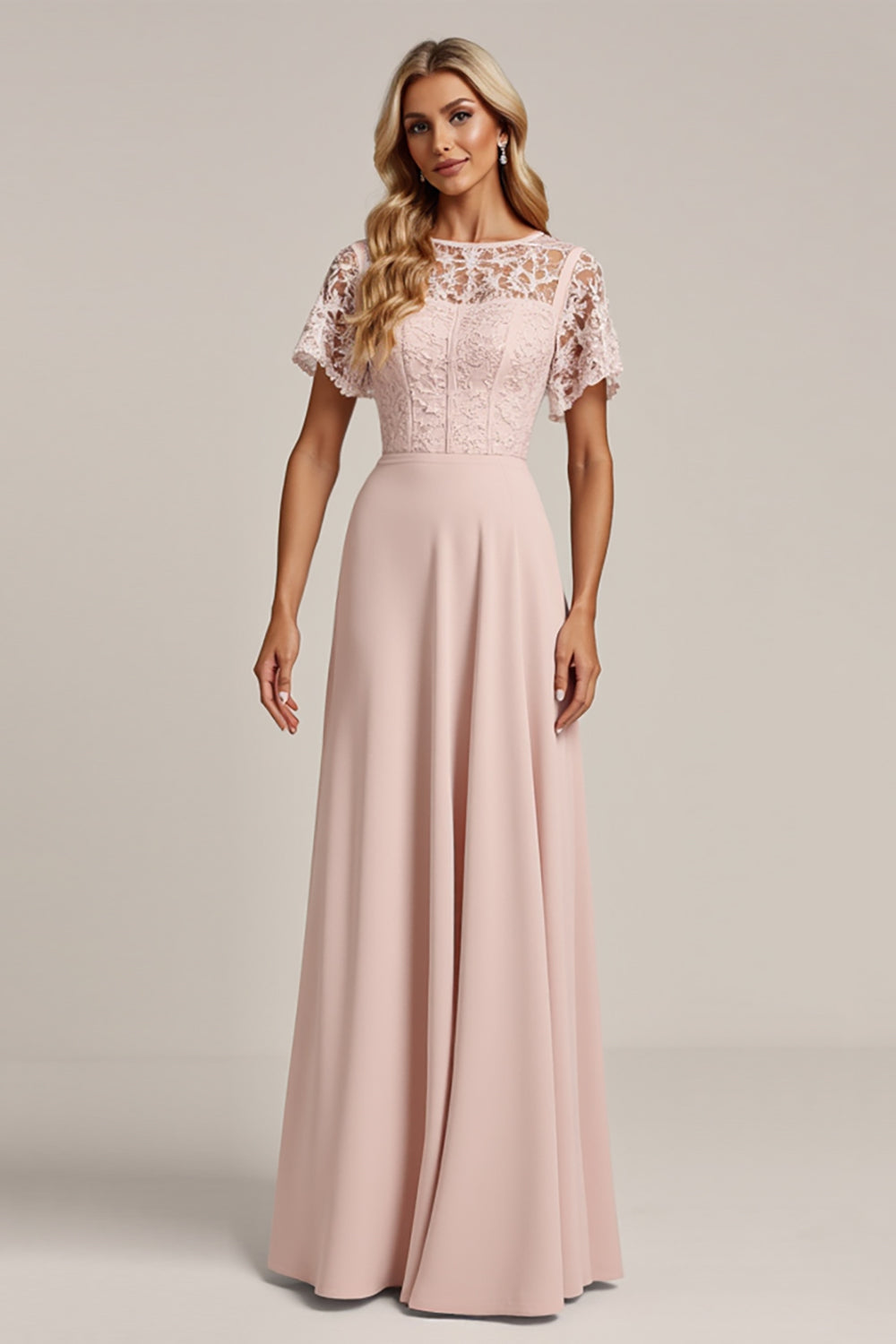 Robe de demoiselle d'honneur trapèze en mousseline et dentelle rose