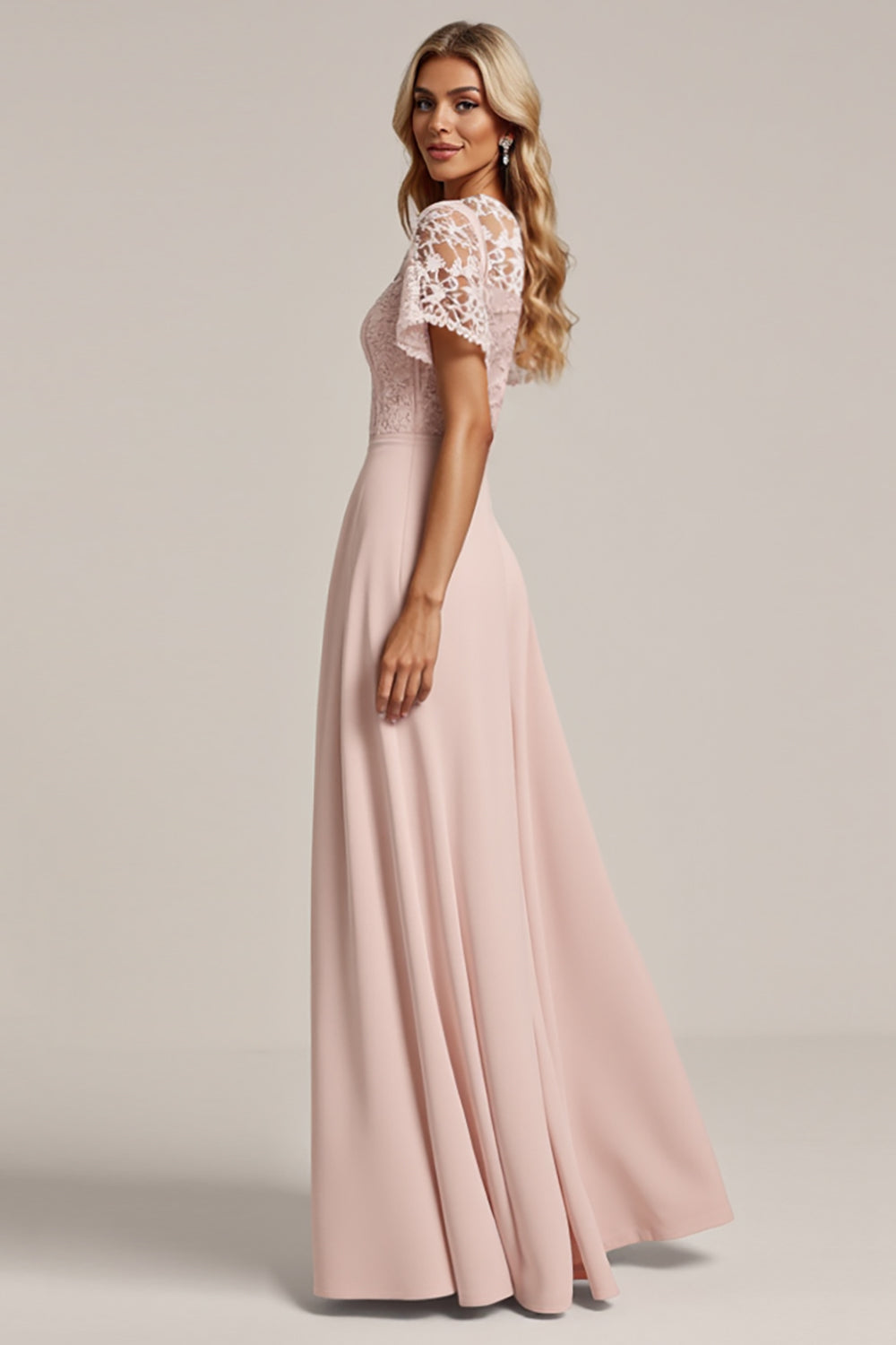 Robe de demoiselle d'honneur trapèze en mousseline et dentelle rose