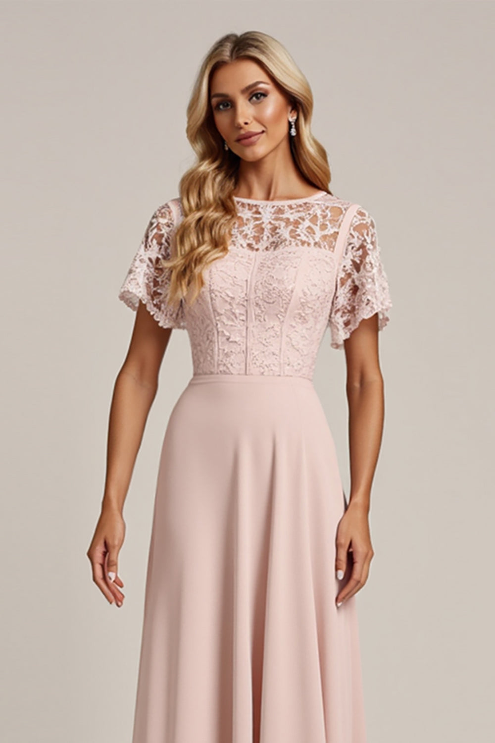Robe de demoiselle d'honneur trapèze en mousseline et dentelle rose