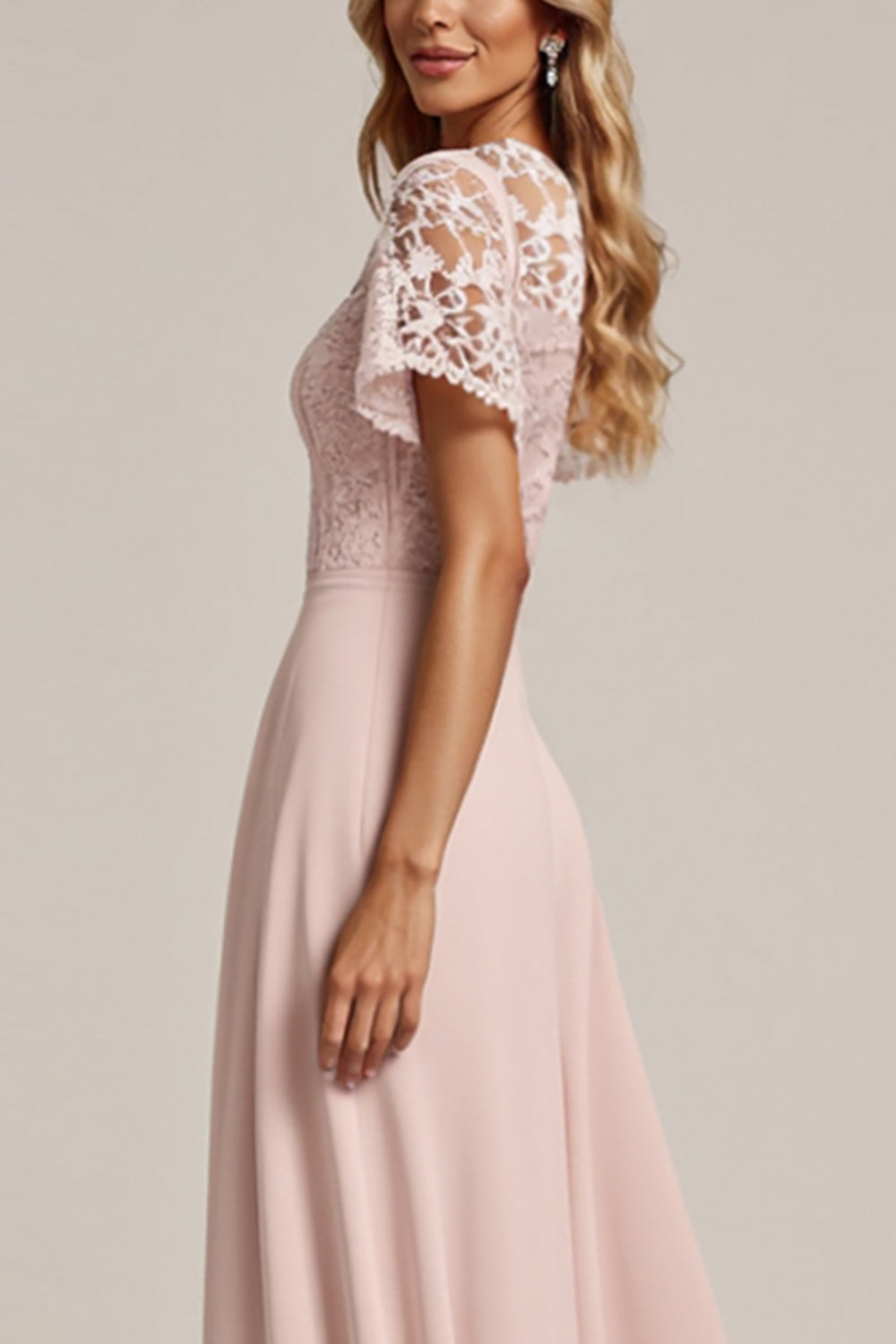 Robe de demoiselle d'honneur trapèze en mousseline et dentelle rose