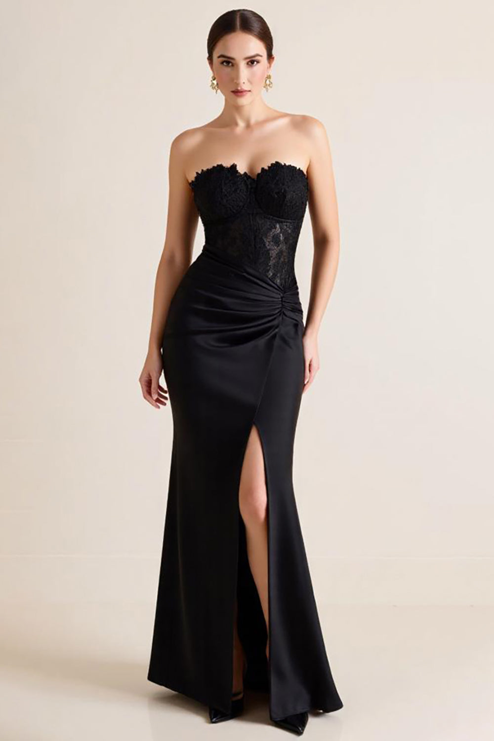 Black Mermaid Ruched Strapless Satin Long Formal Dress with Lace