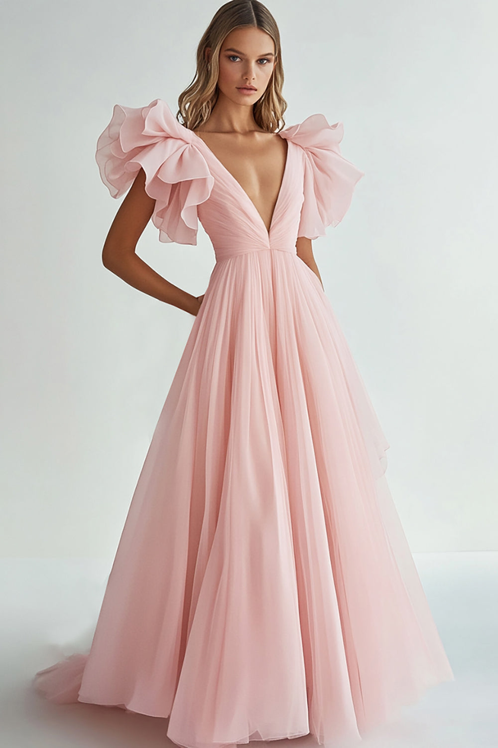 Robe de soirée longue rose coupe trapèze avec décolleté en V et volants