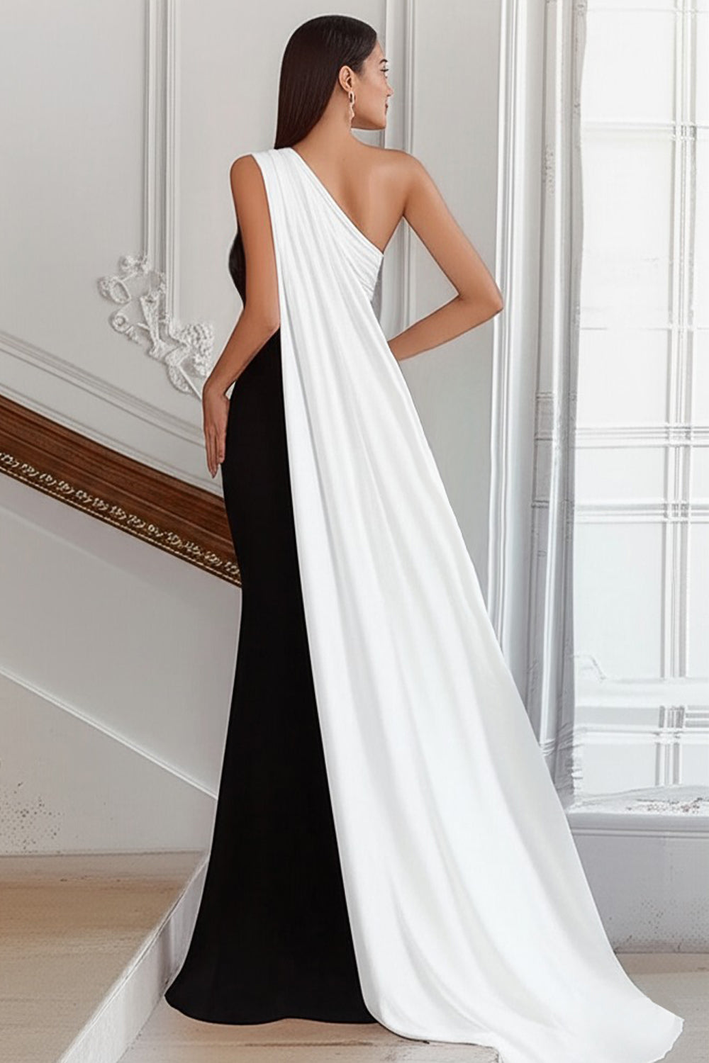 Black and White One-Shoulder Sheath Long Formal Dress with Streamer