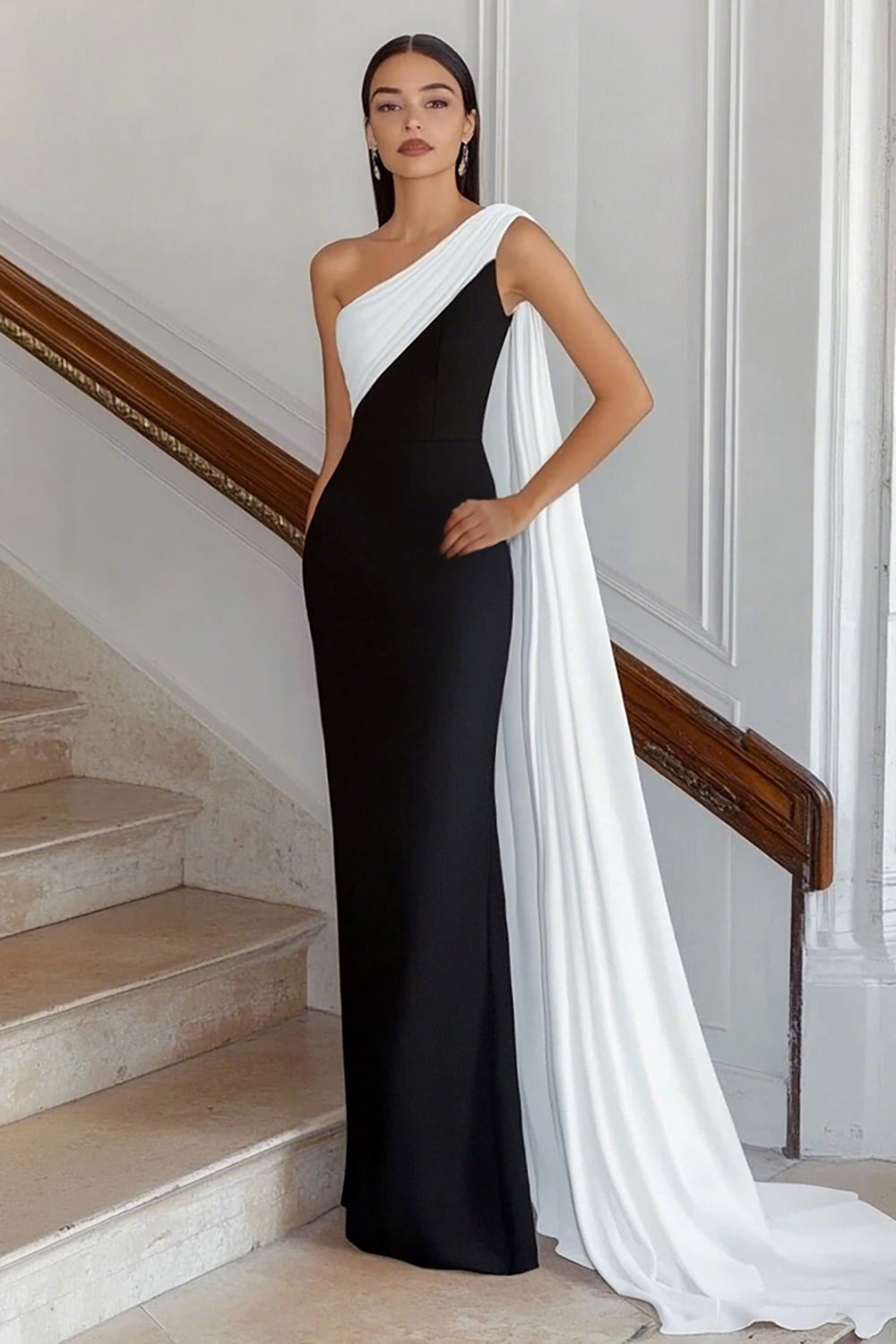 Black and White One-Shoulder Sheath Long Formal Dress with Streamer