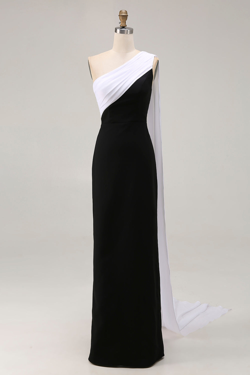 Black and White One-Shoulder Sheath Long Formal Dress with Streamer