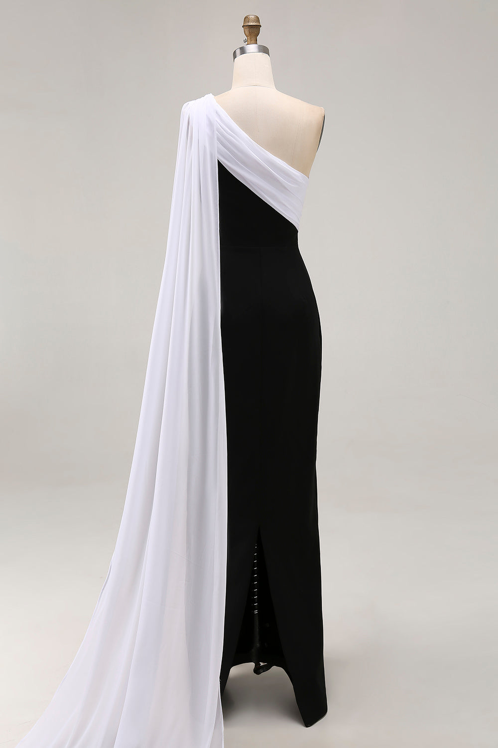 Black and White One-Shoulder Sheath Long Formal Dress with Streamer