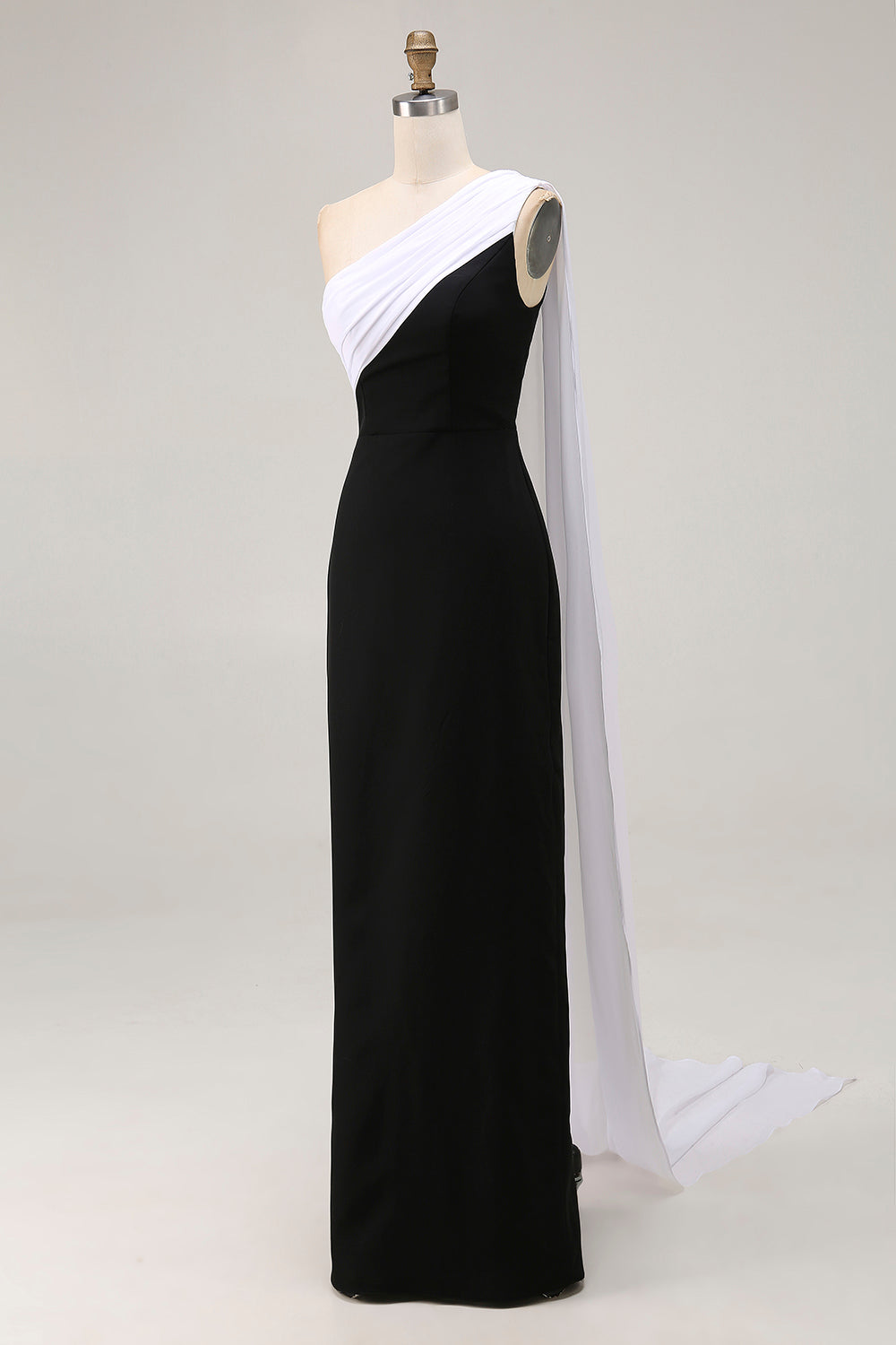 Black and White One-Shoulder Sheath Long Formal Dress with Streamer