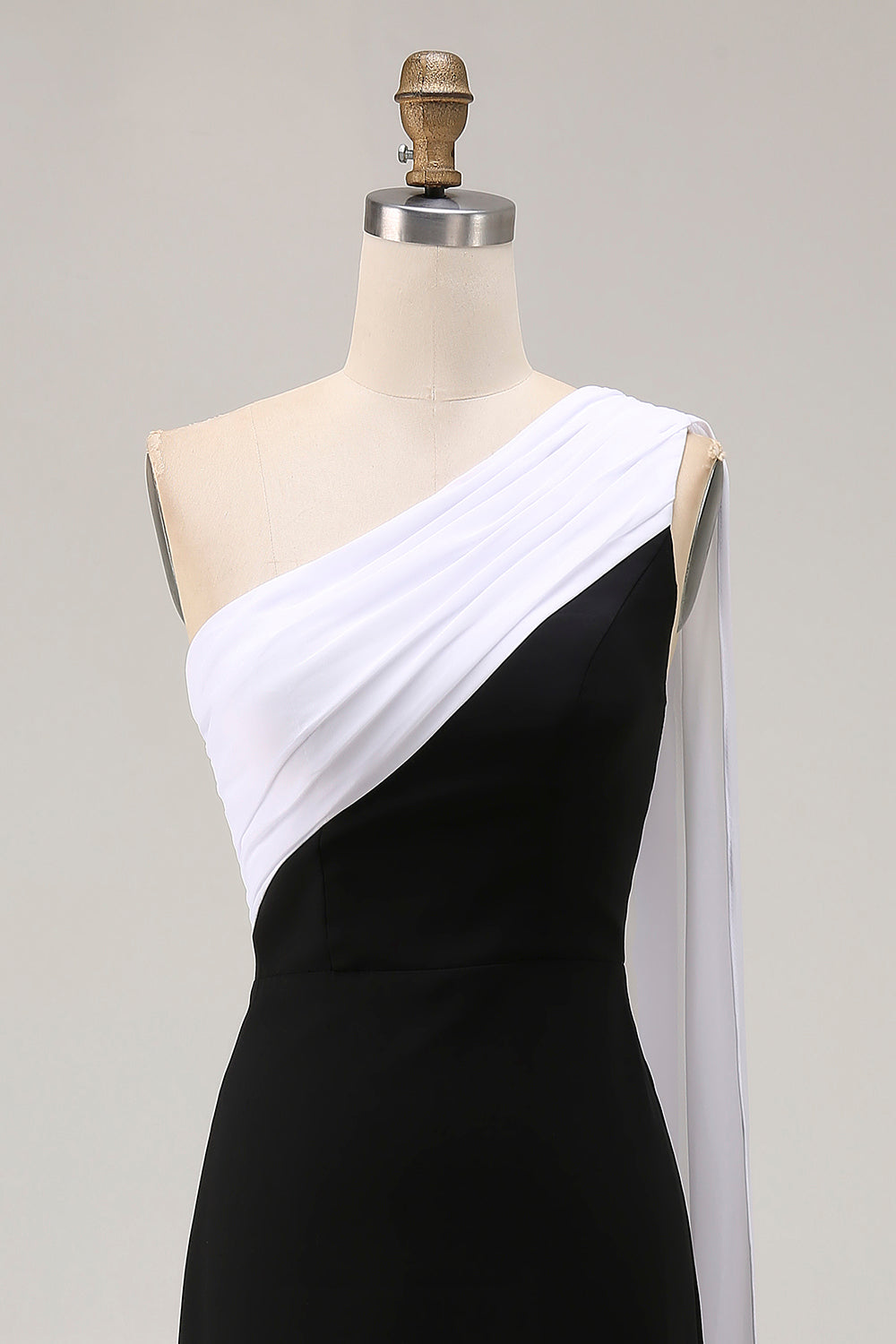 Black and White One-Shoulder Sheath Long Formal Dress with Streamer