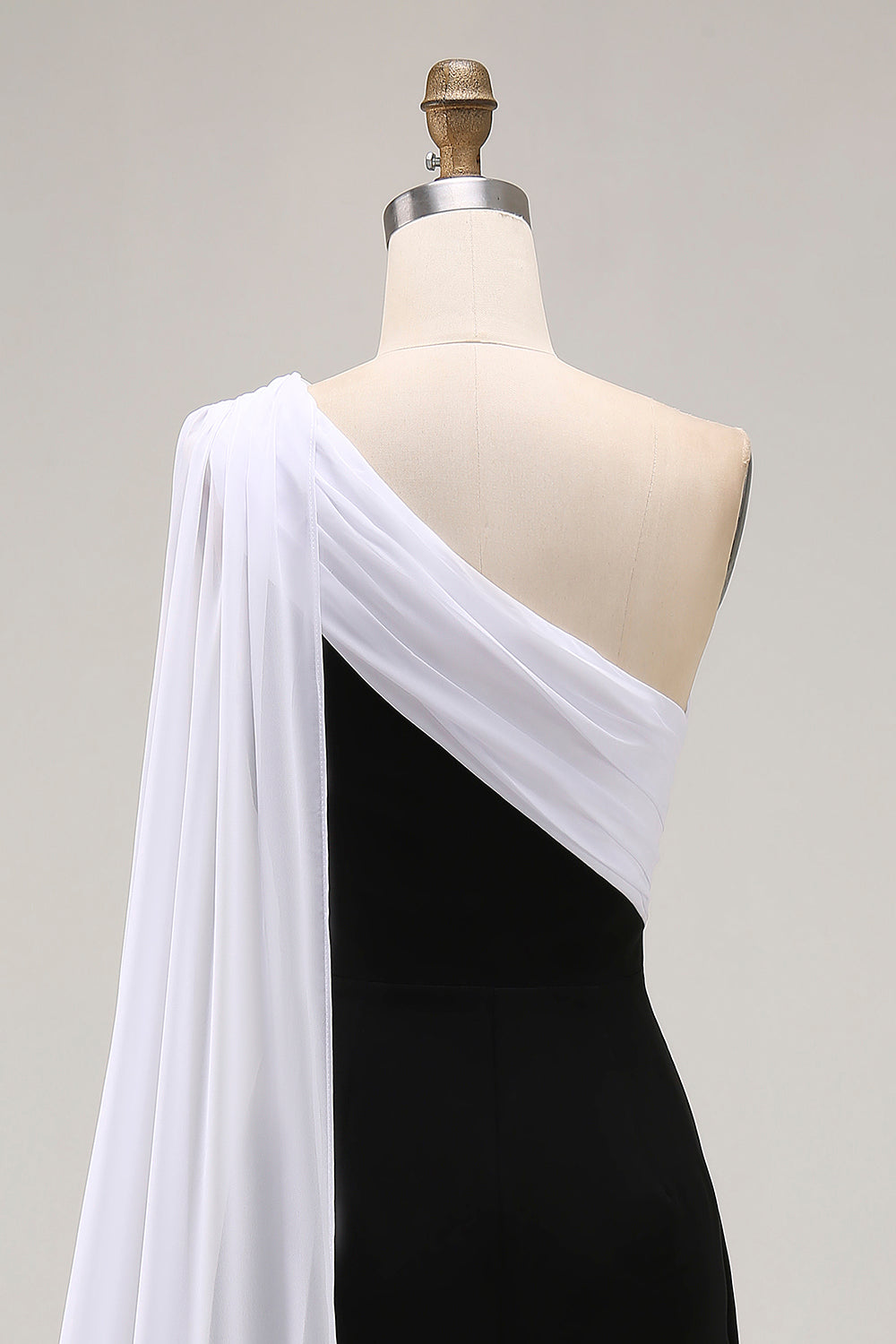 Black and White One-Shoulder Sheath Long Formal Dress with Streamer