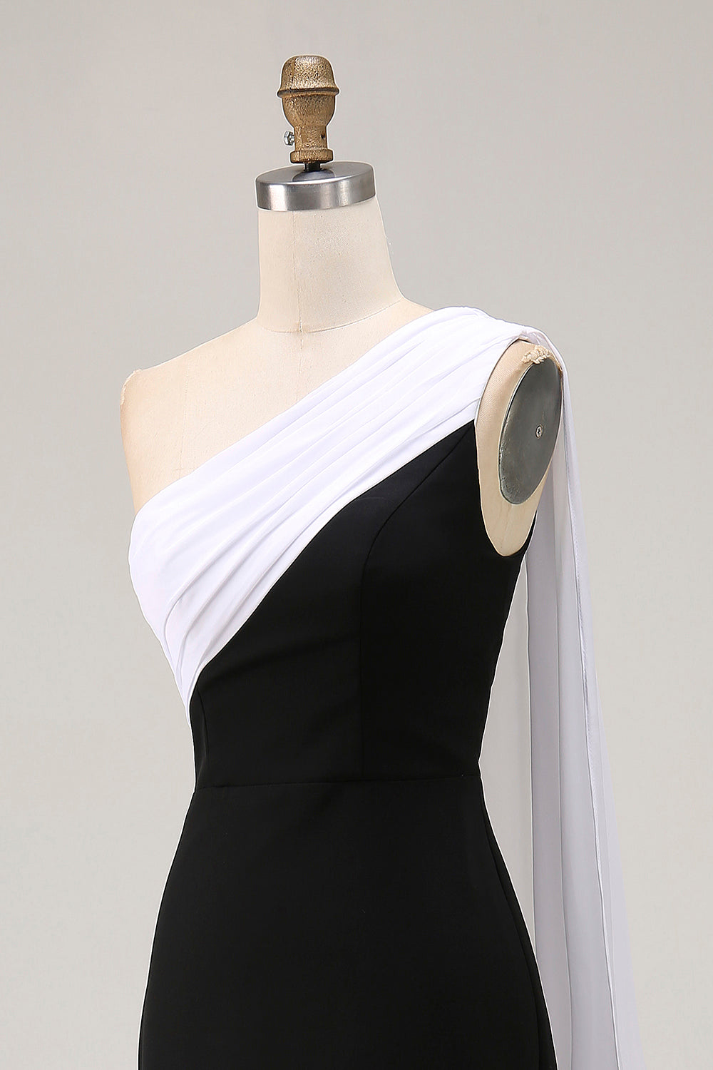 Black and White One-Shoulder Sheath Long Formal Dress with Streamer
