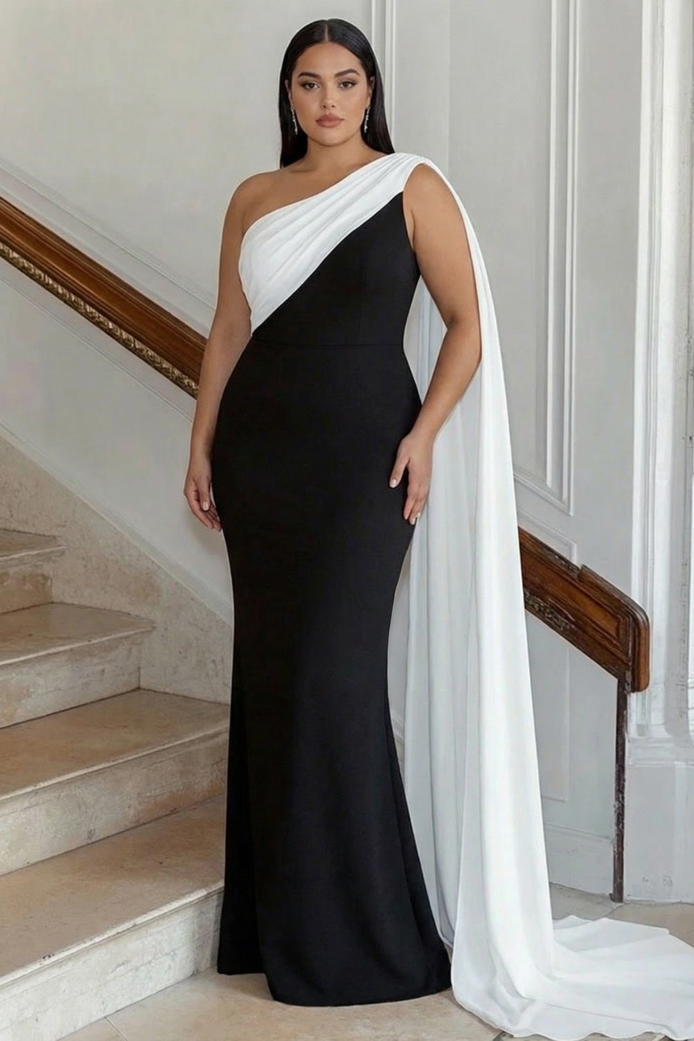 Black and White One-Shoulder Sheath Long Formal Dress with Streamer