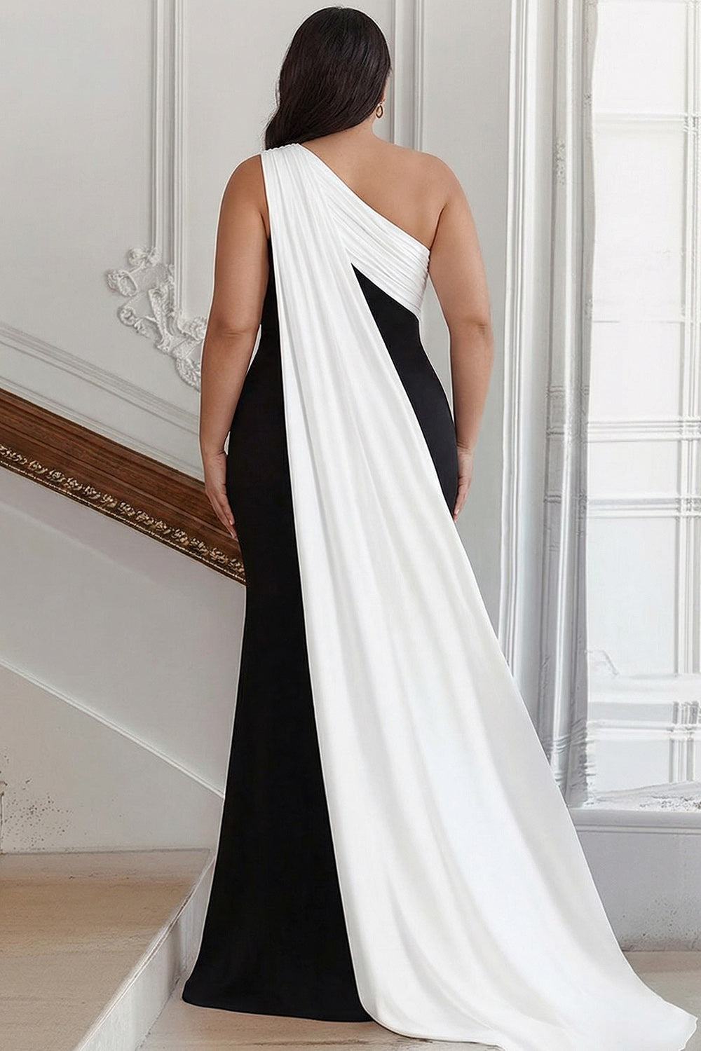 Black and White One-Shoulder Sheath Long Formal Dress with Streamer