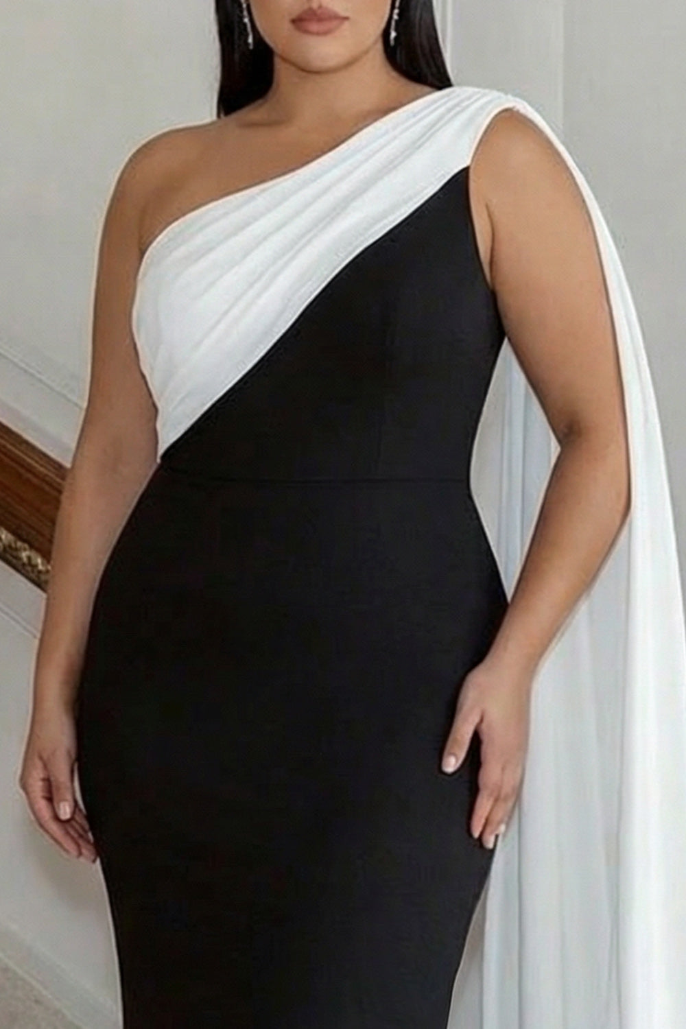 Black and White One Shoulder Sheath Plus Size Long Formal Dress with Streamer