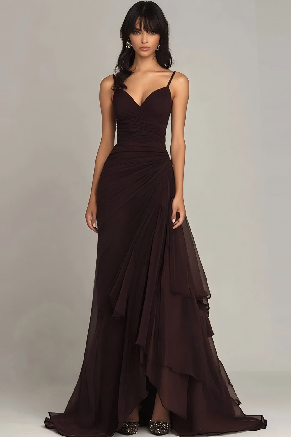Dark Brown Spaghetti Straps A Line Ruffled Formal Dress