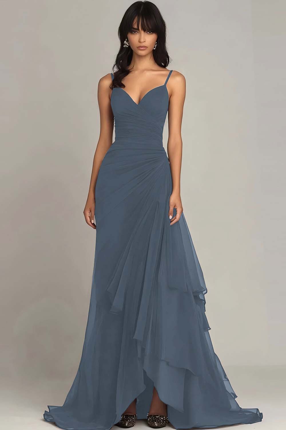 Dark Brown Spaghetti Straps A Line Ruffled Formal Dress