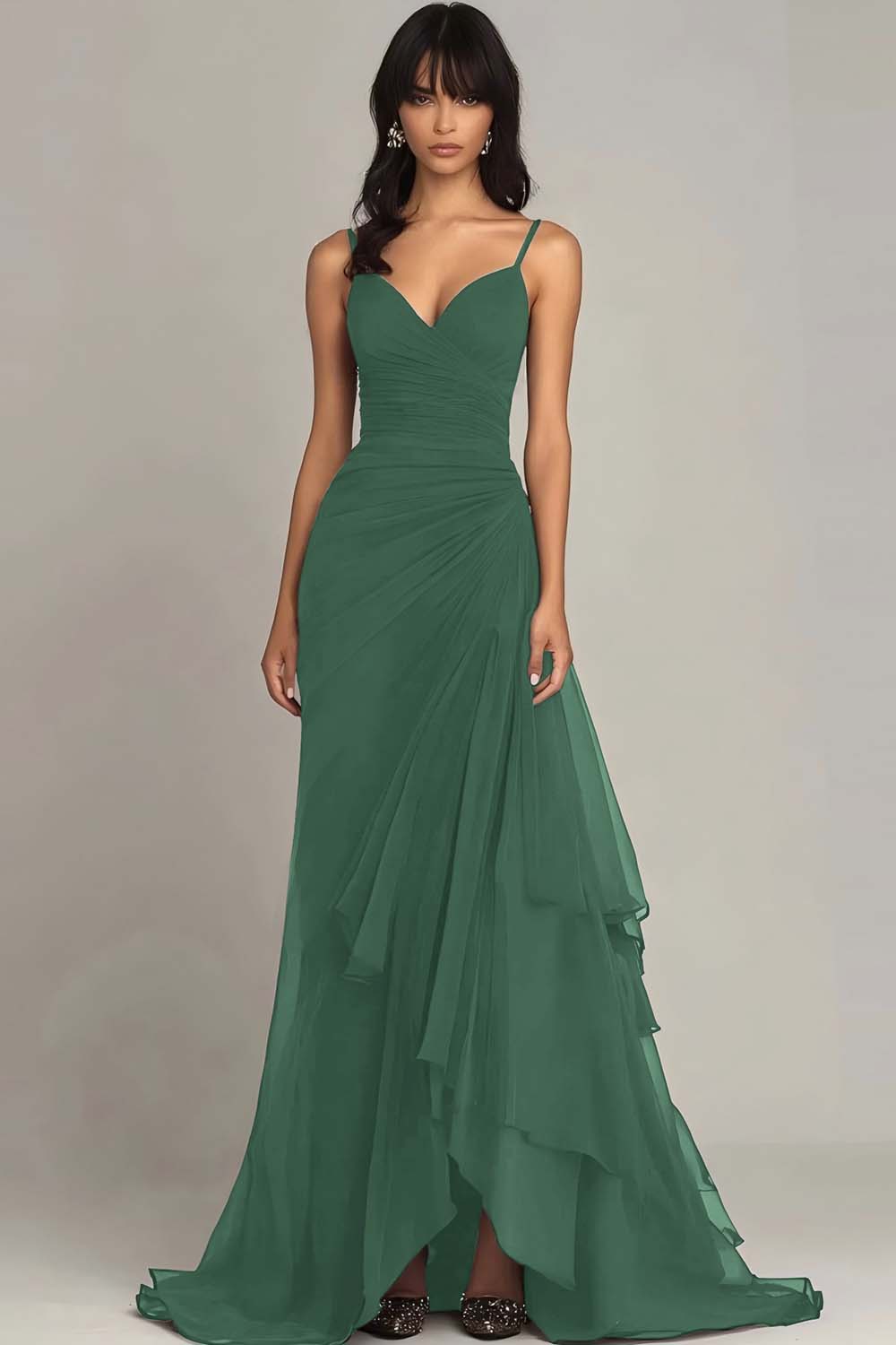 Dark Brown Spaghetti Straps A Line Ruffled Formal Dress