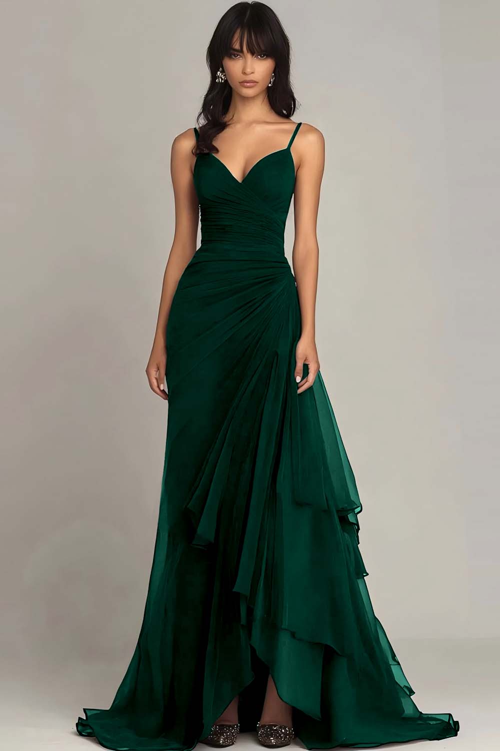 Dark Brown Spaghetti Straps A Line Ruffled Formal Dress