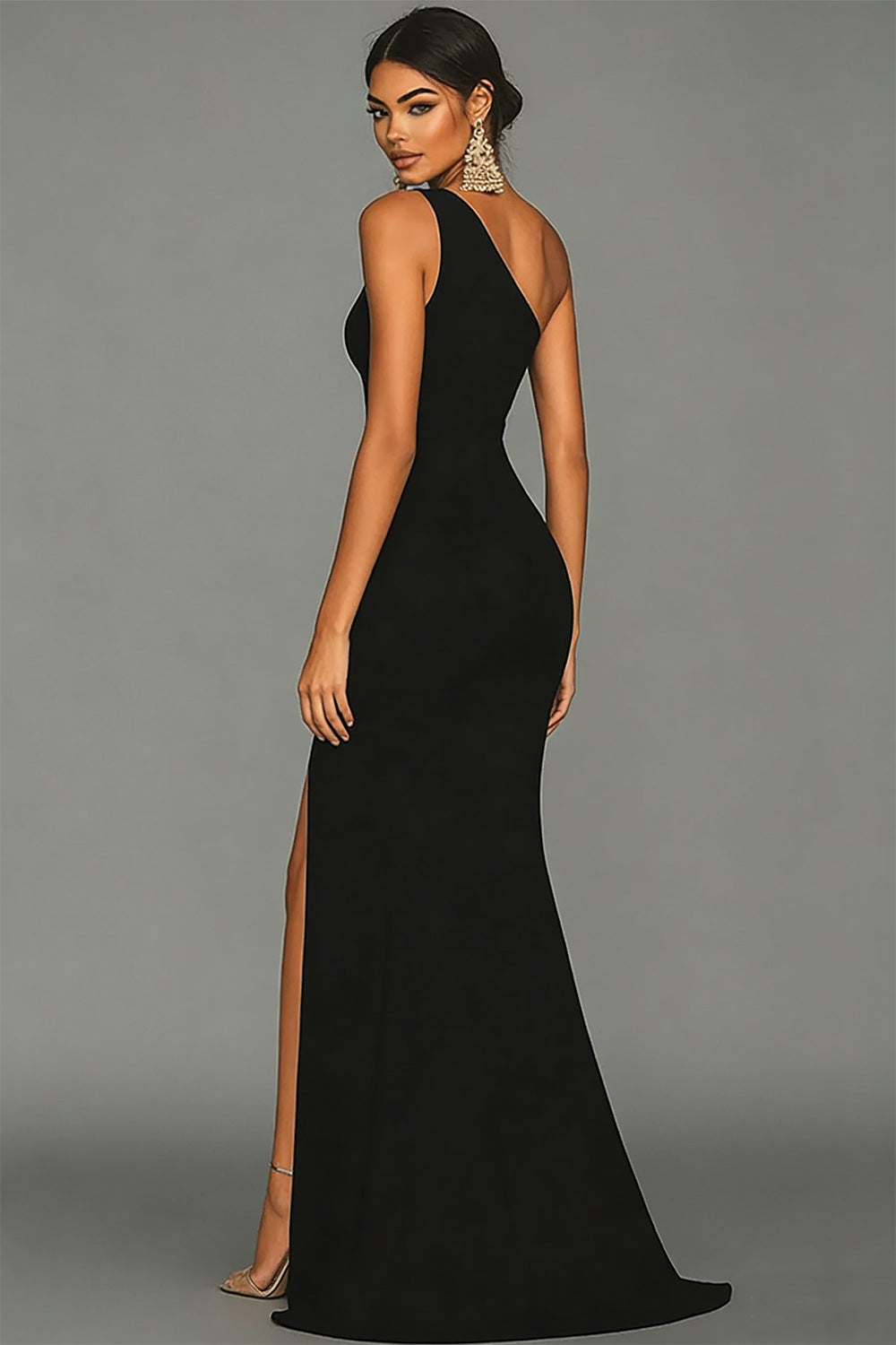 Robe de soirée sirène noire asymétrique avec fente