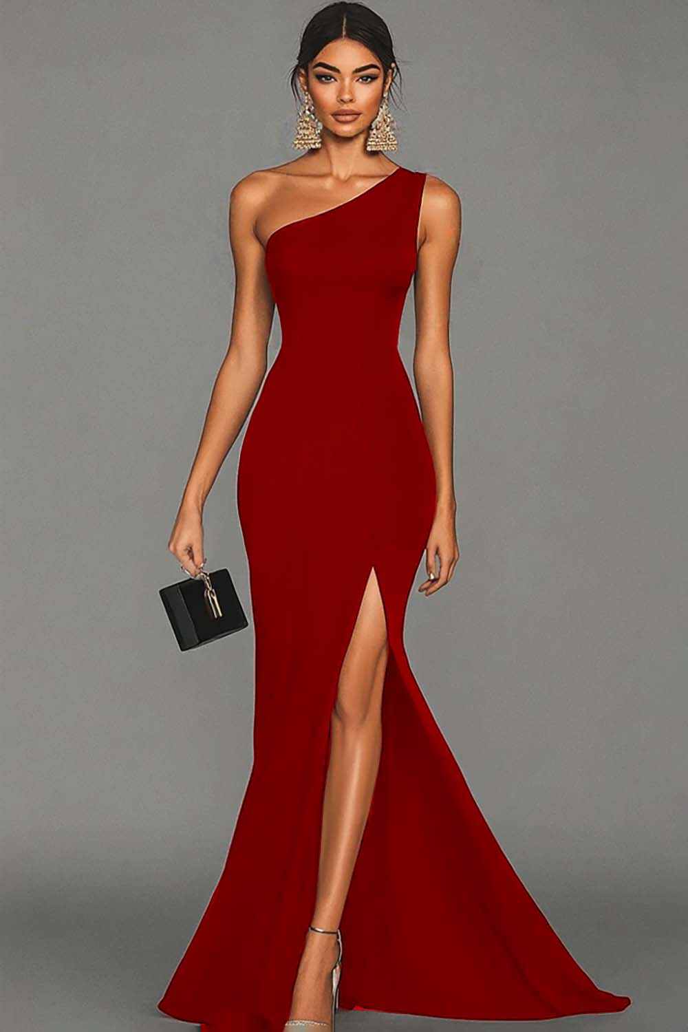 Robe de soirée sirène noire asymétrique avec fente