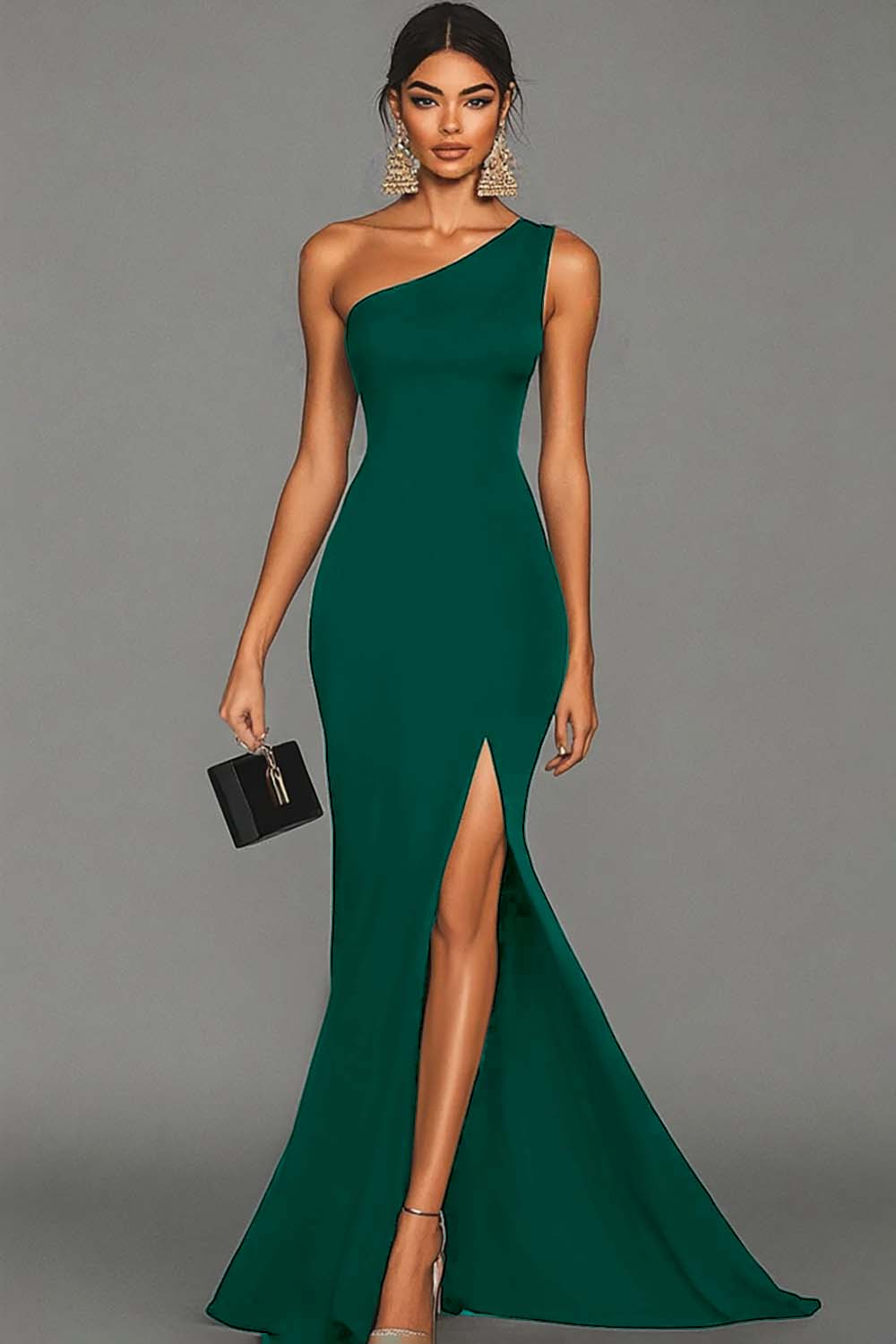 Robe de soirée sirène noire asymétrique avec fente