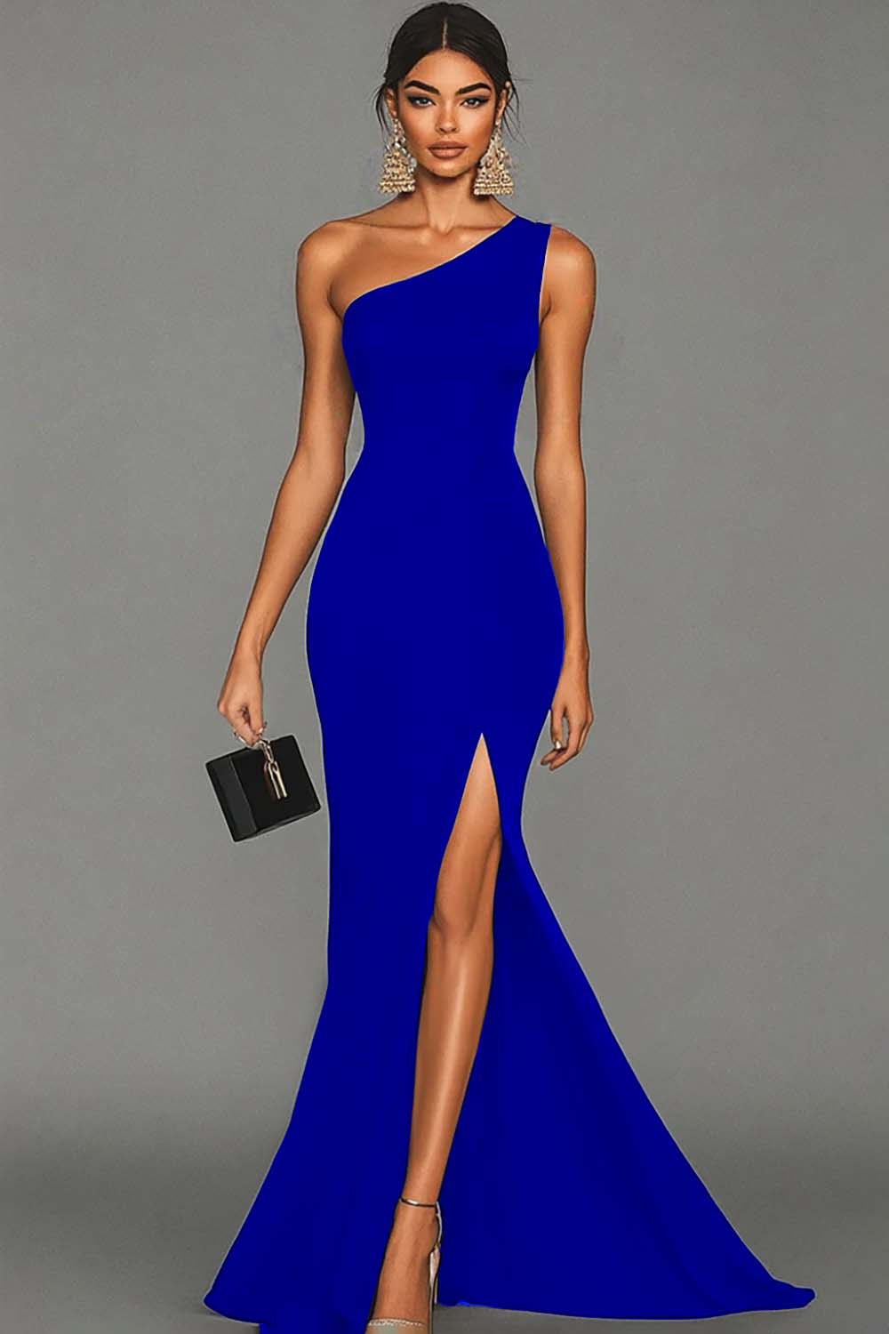 Robe de soirée sirène noire asymétrique avec fente