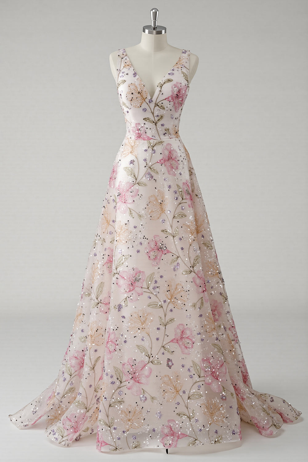 Robe de bal en V à fleurs rose étincelante