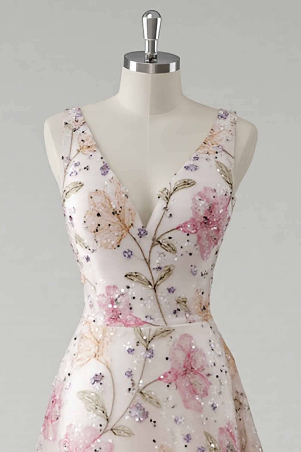 Robe de bal en V à fleurs rose étincelante