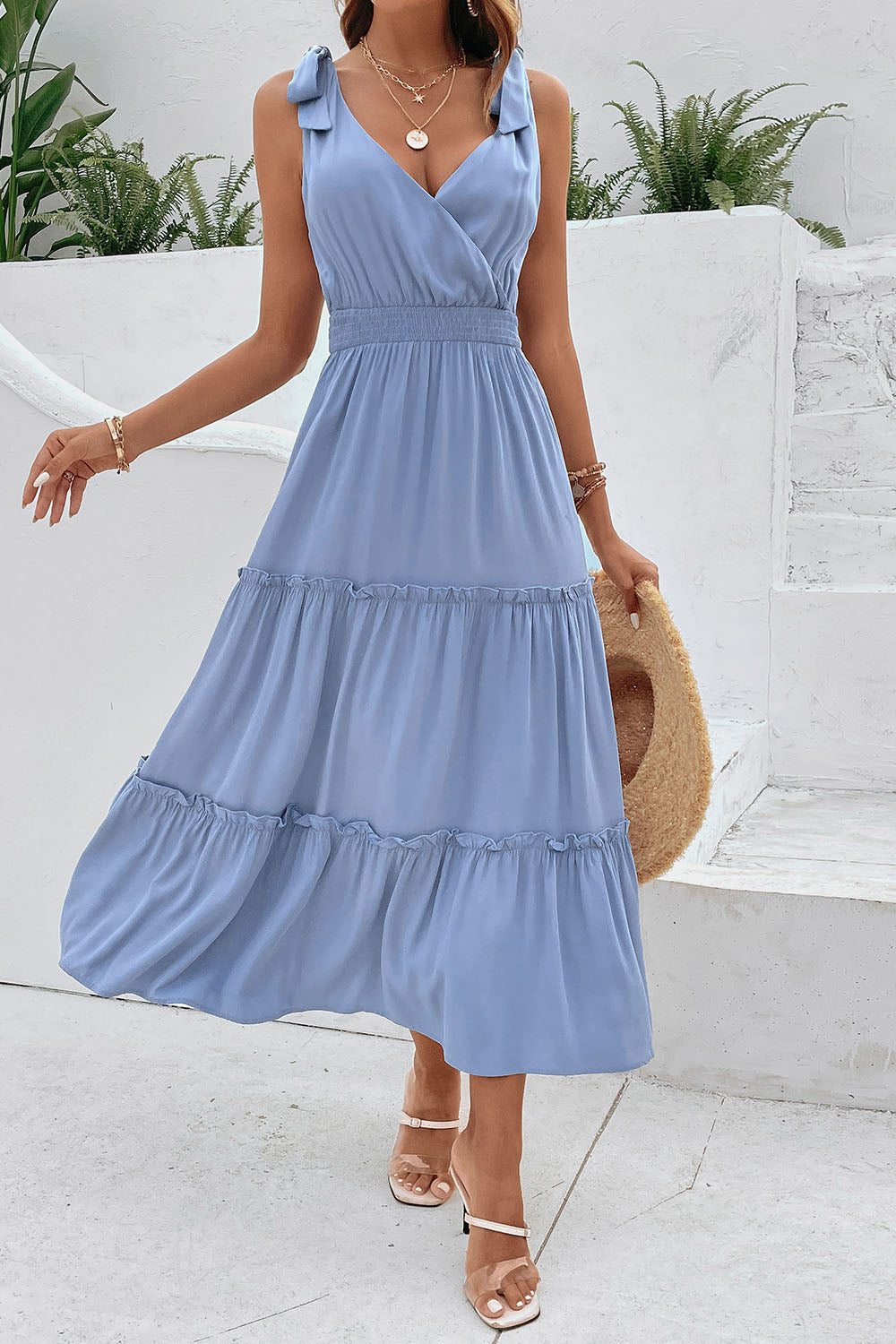 Grey Blue V-Neck A-Line Summer Dress with Belt