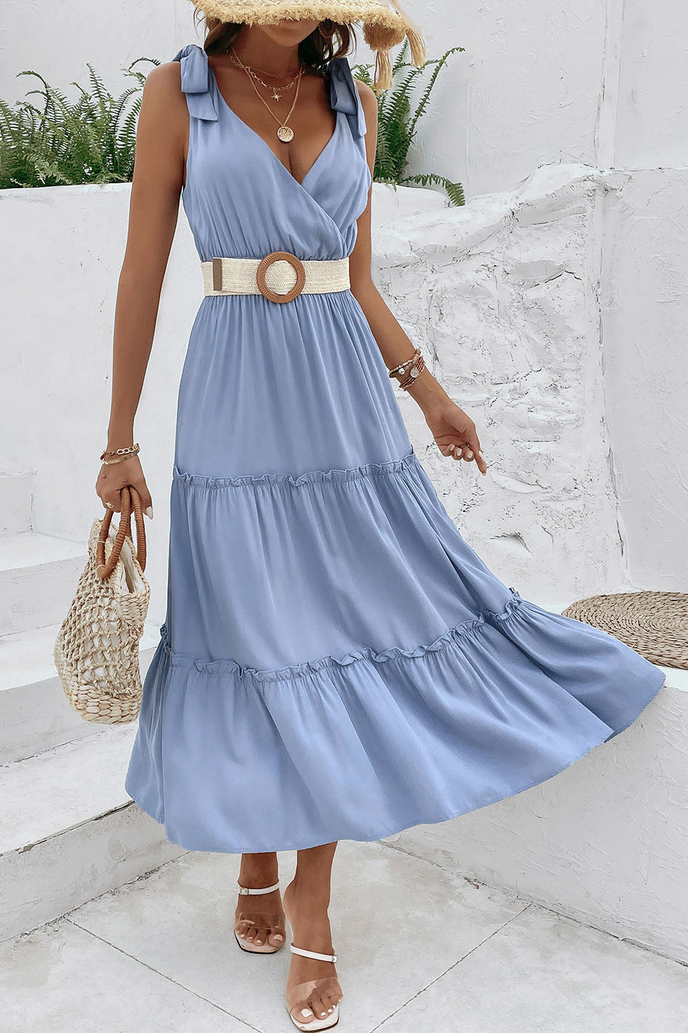 Grey Blue V-Neck A-Line Summer Dress with Belt