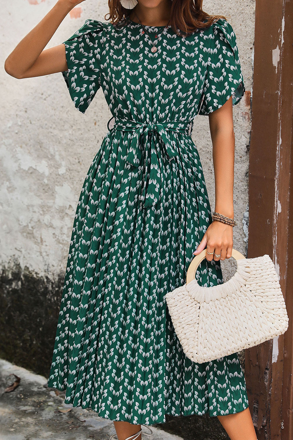 Robe d'été évasée vert foncé imprimée avec ceinture