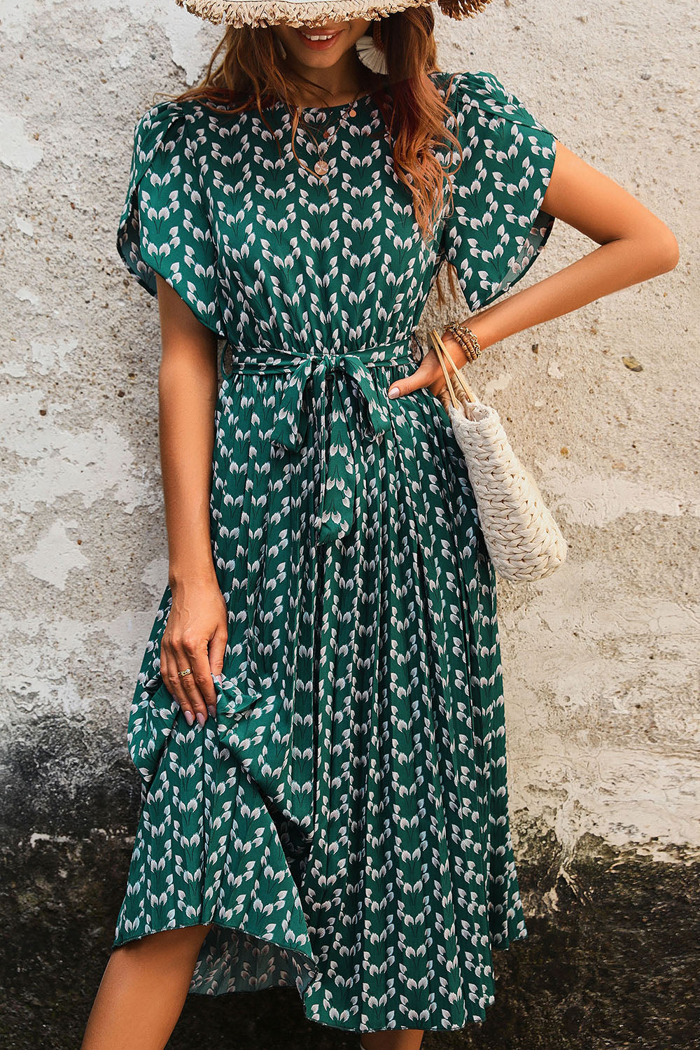 Robe d'été évasée vert foncé imprimée avec ceinture